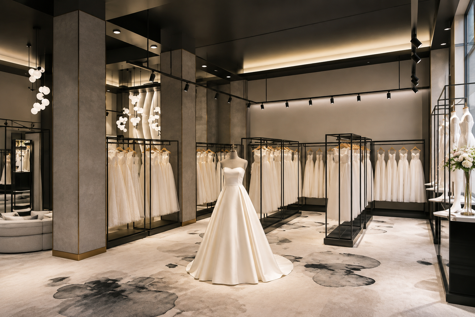 A boutique bridal shop with a mannequin wearing a white wedding gown in the center, surrounded by racks of similar dresses, modern lighting fixtures, and mannequins with floral arrangements along the window.
