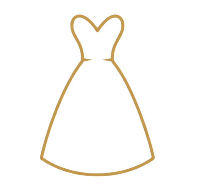 Gold outline of a dress with a sweetheart neckline and flared skirt
