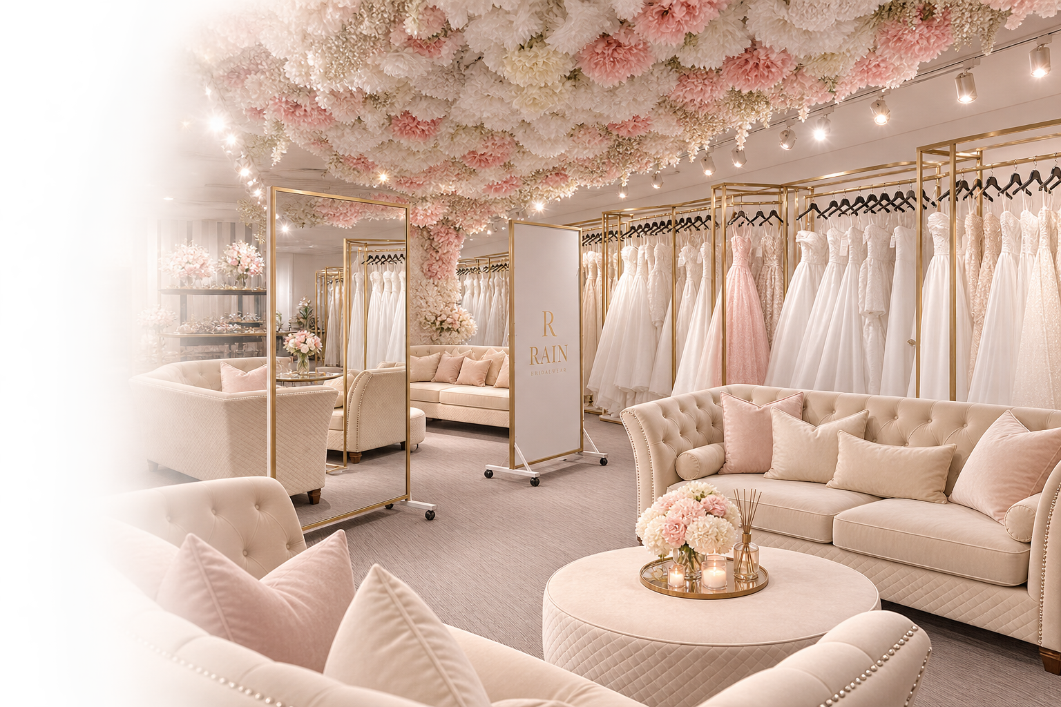 An elegant bridal shop with wedding dresses on racks, flower arrangements, plush seating, and a floral ceiling installation with pink and white flowers.