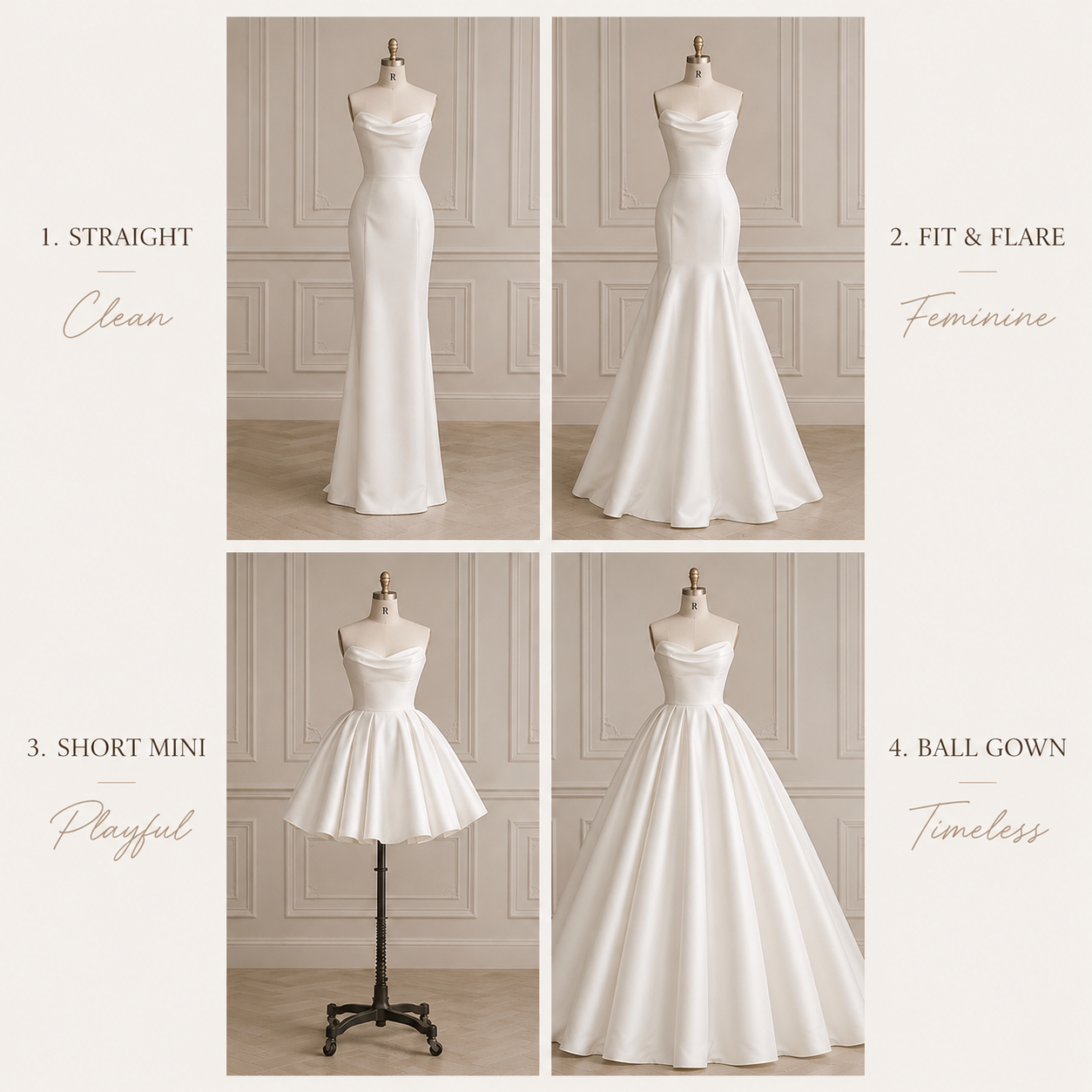 Four wedding dresses displayed on mannequins, each with different styles: a sleek, straight dress; a fit and flare feminine dress; a playful short mini dress; and a timeless ball gown, with descriptive text next to each indicating style and feel.