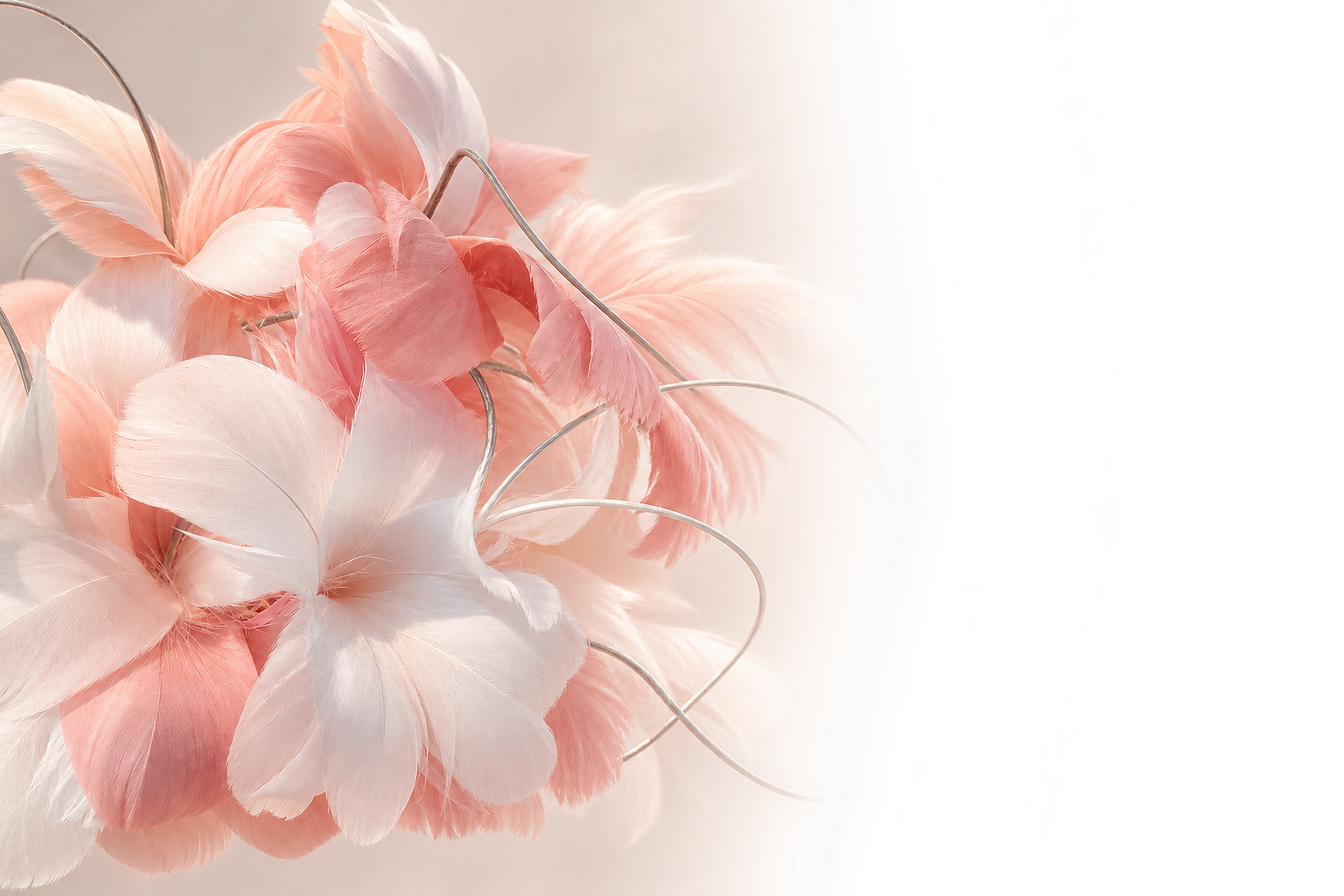 Close-up of pink and white feathers with metallic wire accents on a soft background.