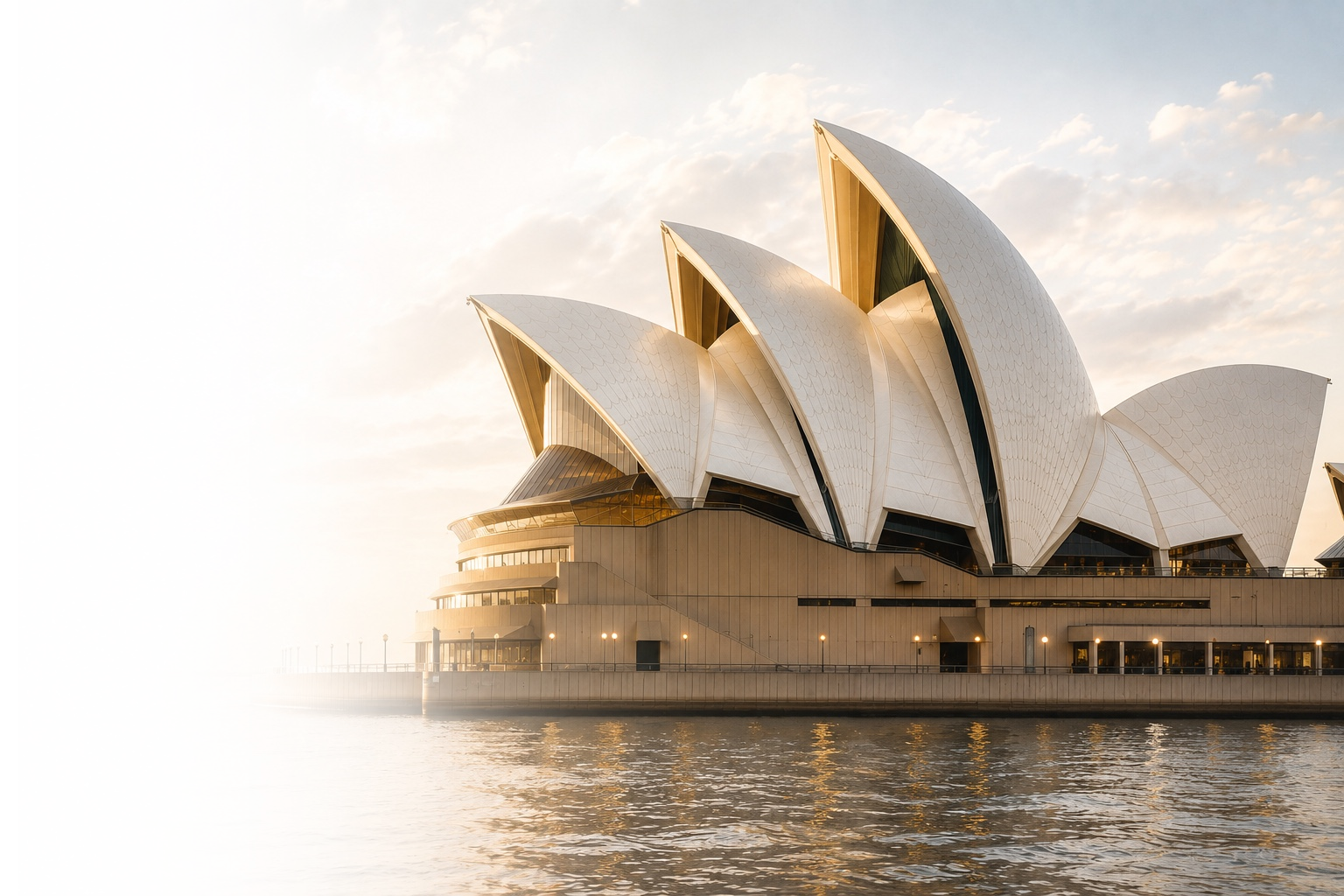 Sydney Opera House illuminated at sunset with water in foreground