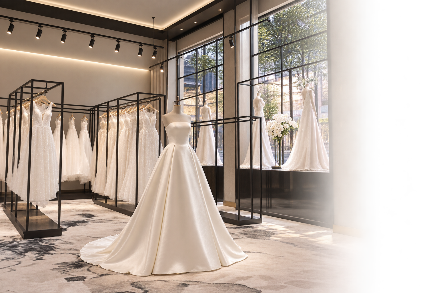 A bridal boutique with wedding dresses on display. A mannequin in the foreground is wearing a strapless, satin wedding gown with a full skirt. Floor-to-ceiling windows let in natural light and showcase more wedding dresses on mannequins outside. The interior features a modern design with track lighting and a neutral color palette.