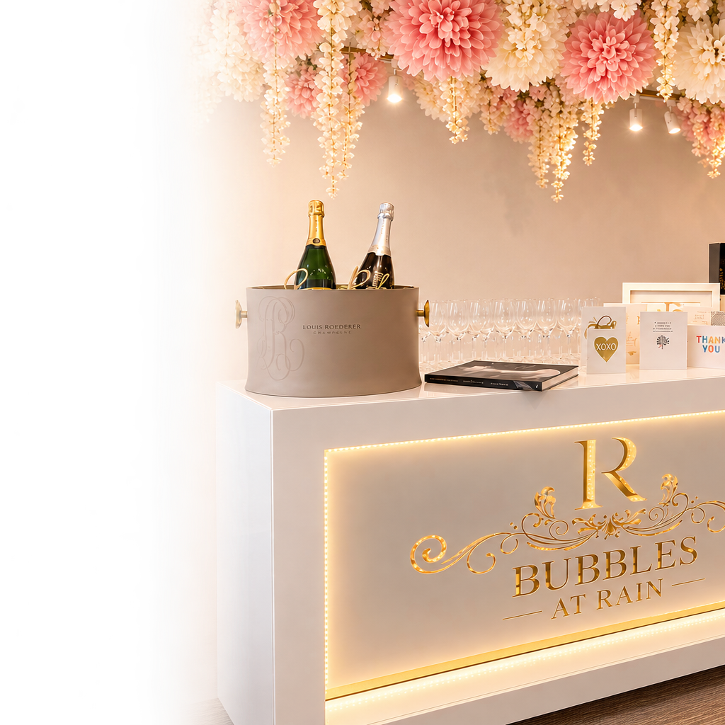 A white bar counter decorated with gold lettering and lights, topped with two champagne bottles chilling in a bucket. Behind the counter, there are clear glasses and greeting cards, with a ceiling decorated with pink and cream paper flowers and hanging floral arrangements.