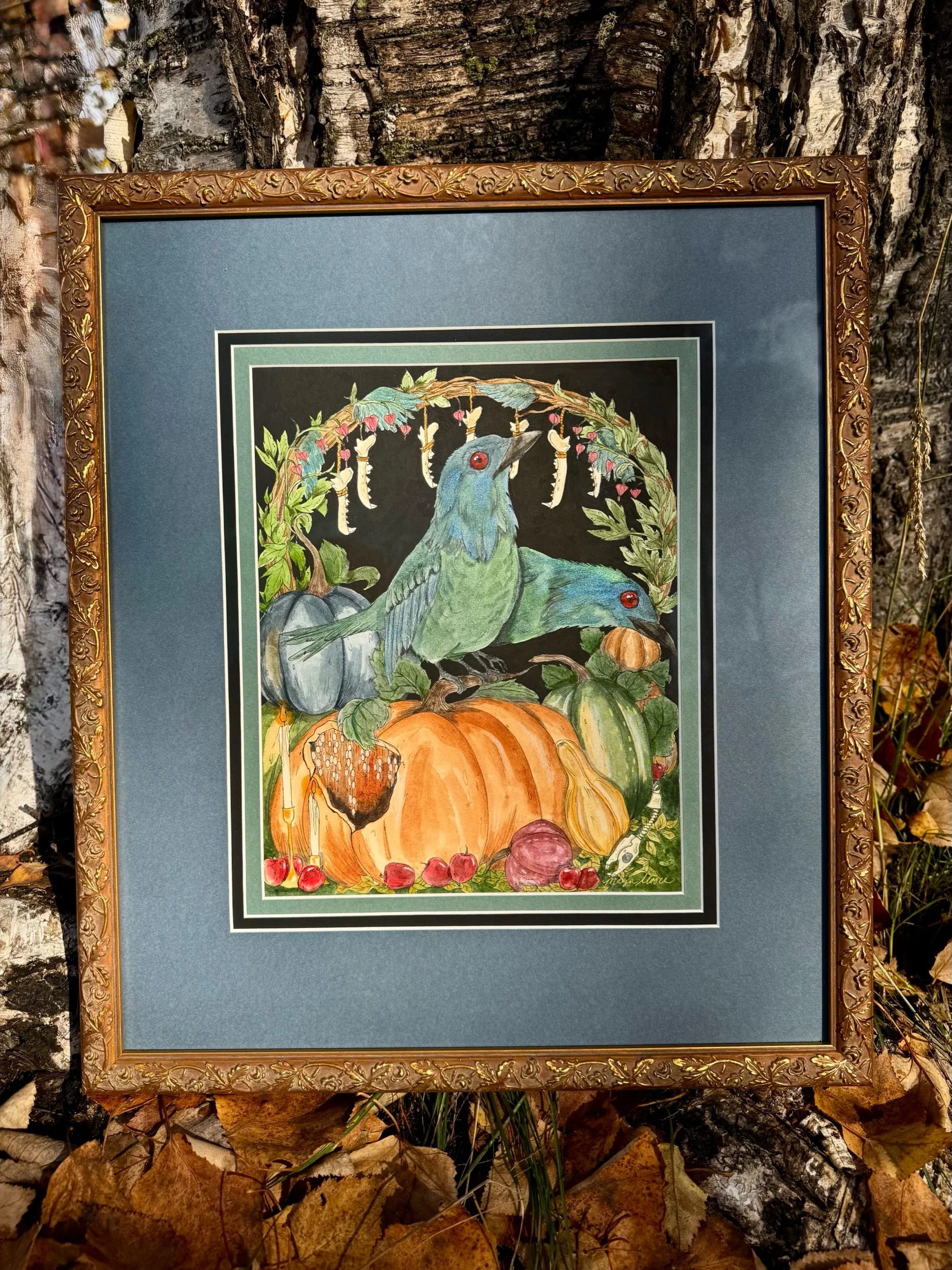 ORIGINAL "Red Harvest" gold framed Watercolor and Ink