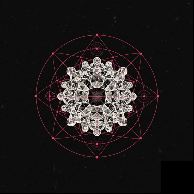 A complex geometric pattern with white interconnected lines and shapes forming a symmetrical design, overlaid on a black background with pink geometric accents and lines.