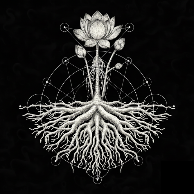 Black and white illustration of a lotus flower with roots and stems, overlaid with geometric lines and circles.