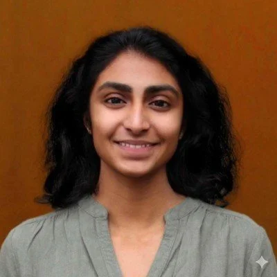 A young woman with dark wavy hair smiling, wearing a light gray top, against a brown background.