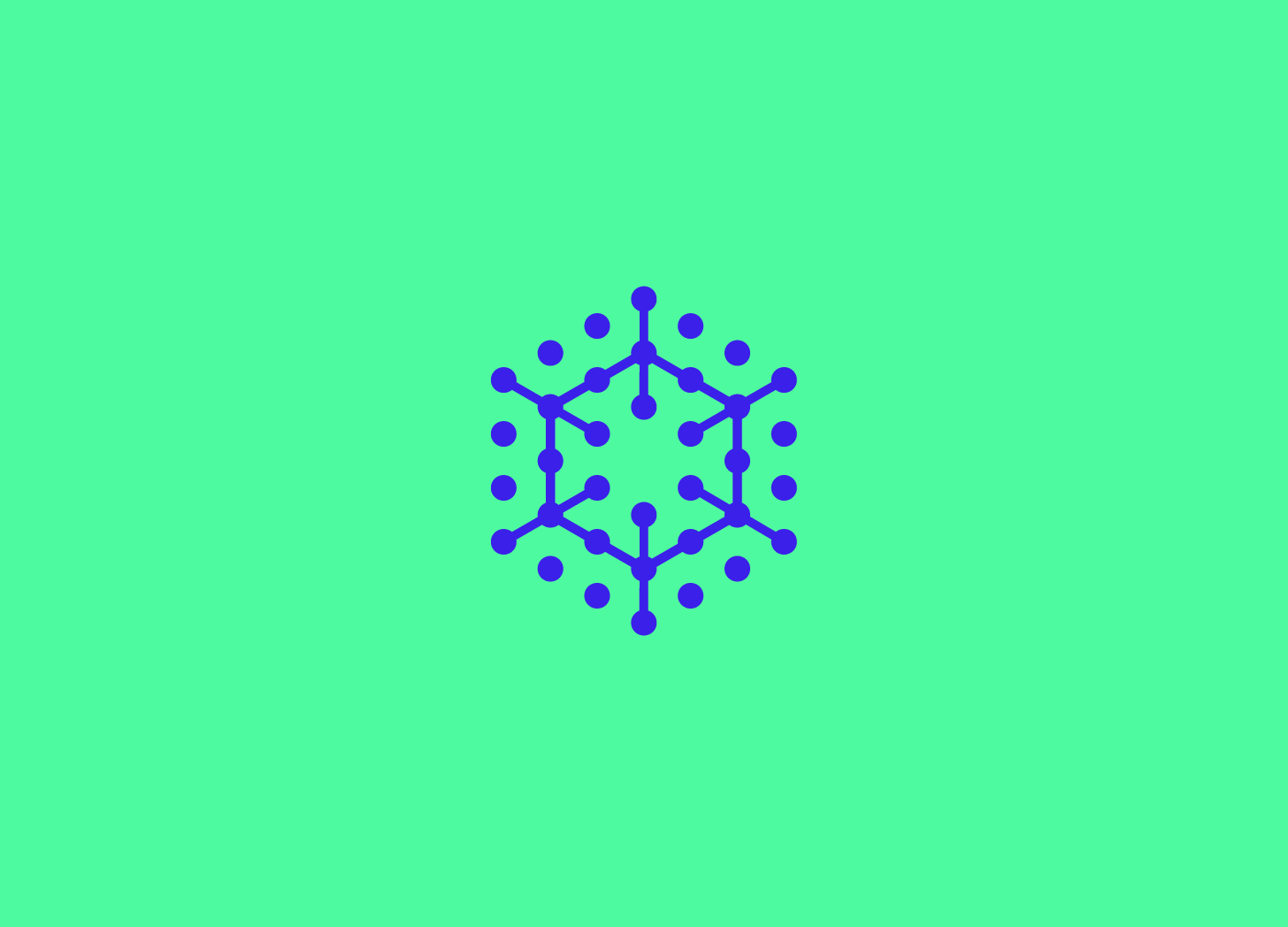 A stylized blue molecular structure on a mint green background.