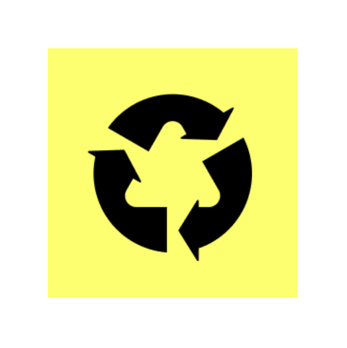 Recycling symbol with three black arrows forming a triangle on a yellow background.
