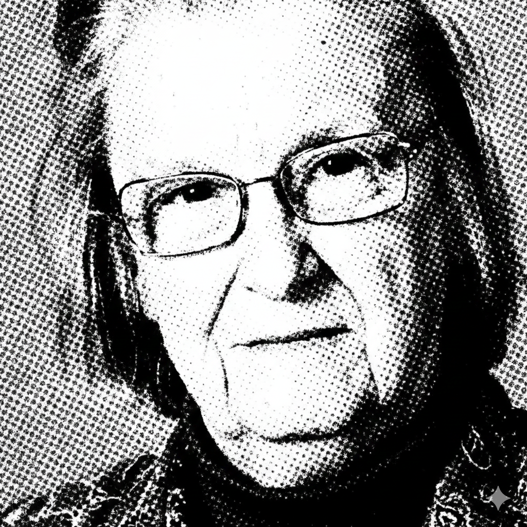 Black and white halftone portrait of an elderly woman wearing glasses, with shoulder-length hair.