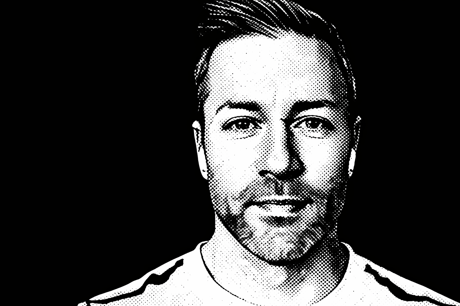 Black and white digital portrait of a man with short hair wearing a sports jersey, facing forward.