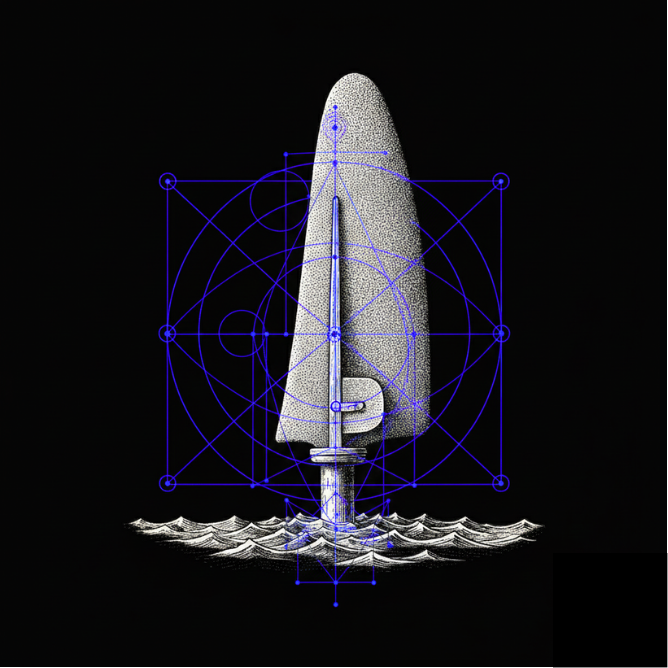 Trimtab against a black background with geometric blue lines and circles overlaying the sail.