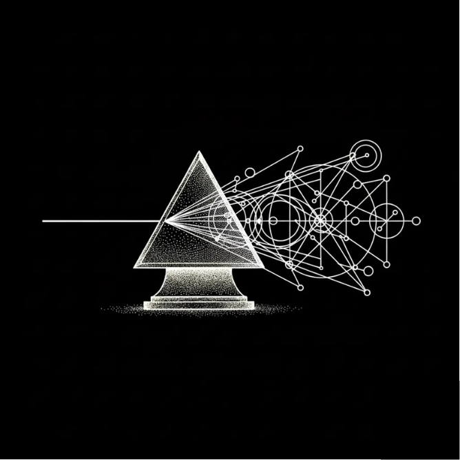 Line drawing of a computer monitor projecting geometric shapes and interconnected circles and lines on a black background