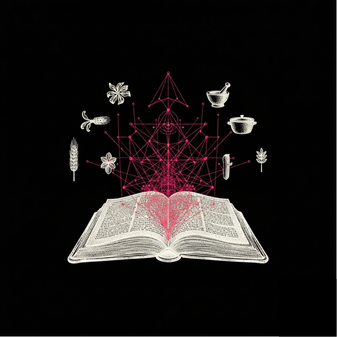Illustration of an open book with pink interconnected lines and symbols emerging from it, including a flower, wheat, a flower, and kitchen utensils on a black background.