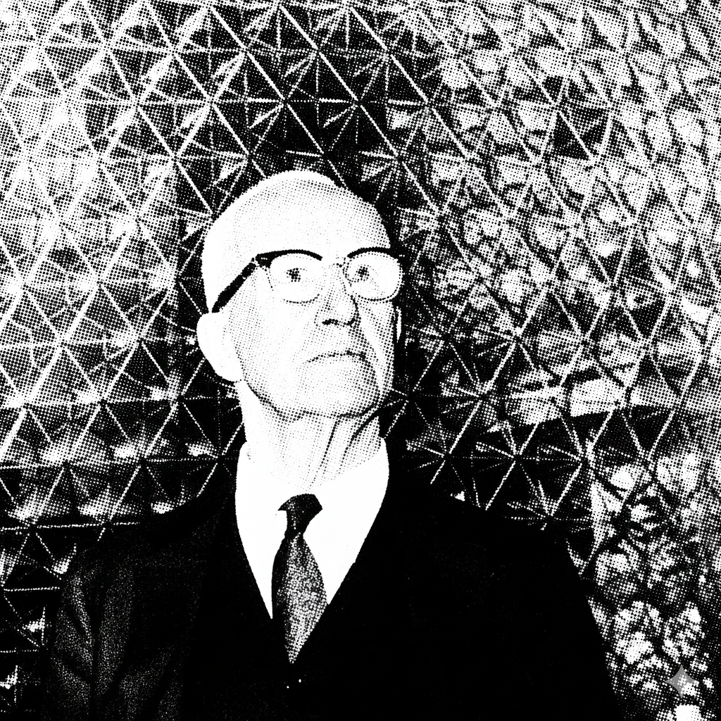 A black and white halftone style photo of a man wearing glasses, a suit, and a tie, standing in front of a geometric patterned background.