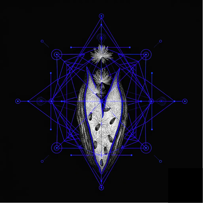 Digital artwork of a seed or pod with internal seeds, surrounded by geometric blue lines and patterns on a black background.