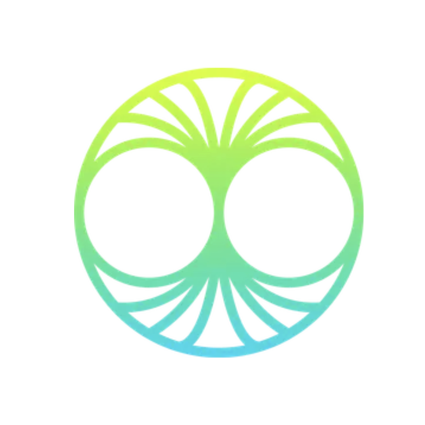 A circular, symmetrical geometric design with a gradient from green to blue, featuring two large empty circles inside and radiating lines creating a pattern.
