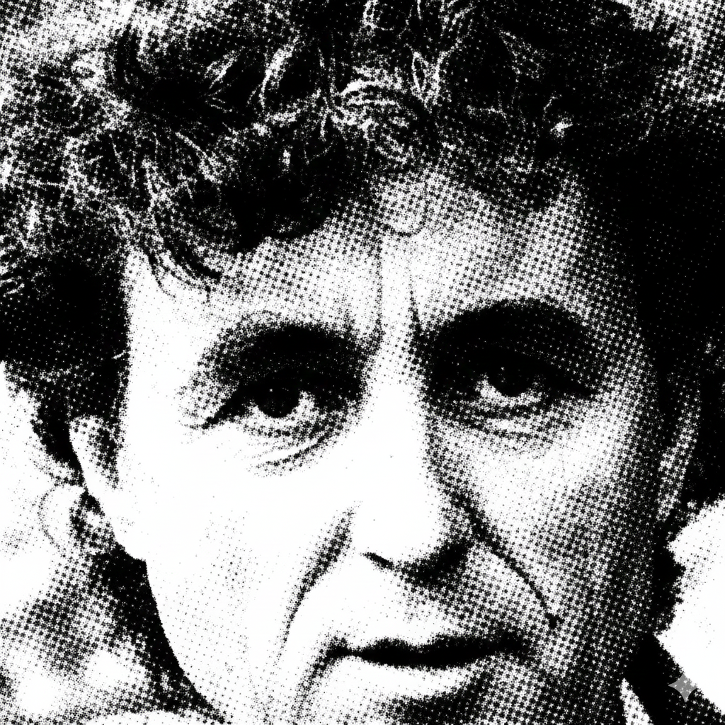 Black and white pixelated portrait of an elderly woman with glasses and curly hair.