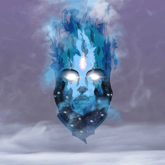 Digital artwork of a woman with glasses, surrounded by blue flames and starry elements, with clouds in the background.