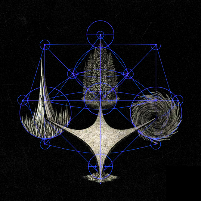 Abstract digital artwork featuring symmetrical geometric shapes, interconnected lines, and swirling patterns on a black background.