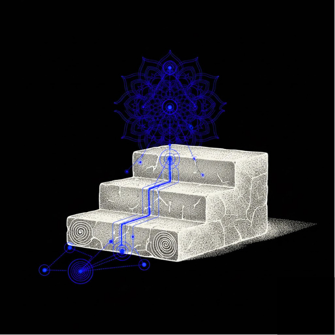 Digital illustration of a stone staircase with abstract blue lines and geometric patterns above and around it.