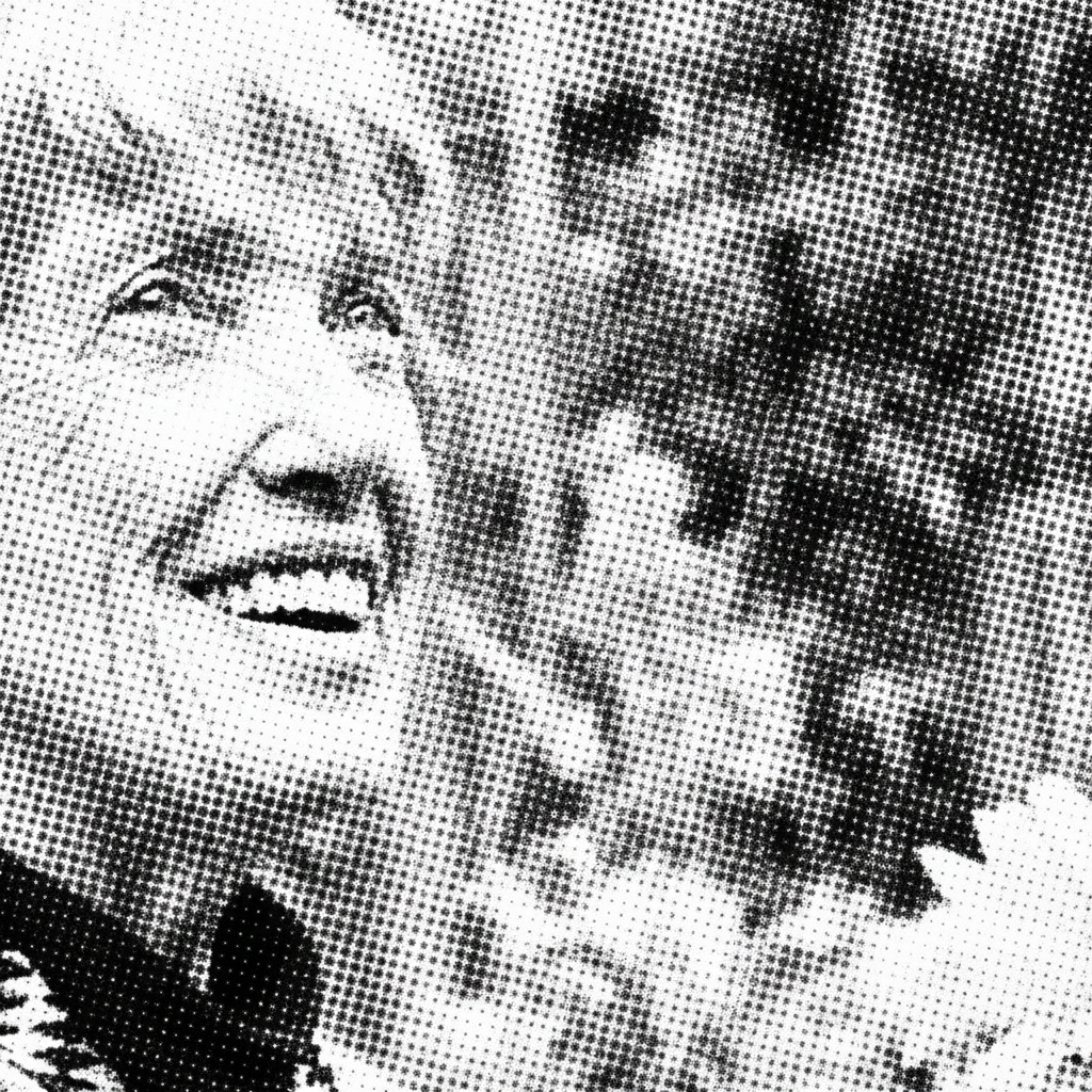 Close-up of a smiling woman with glasses and a person with curly hair, both in black and white halftone style.