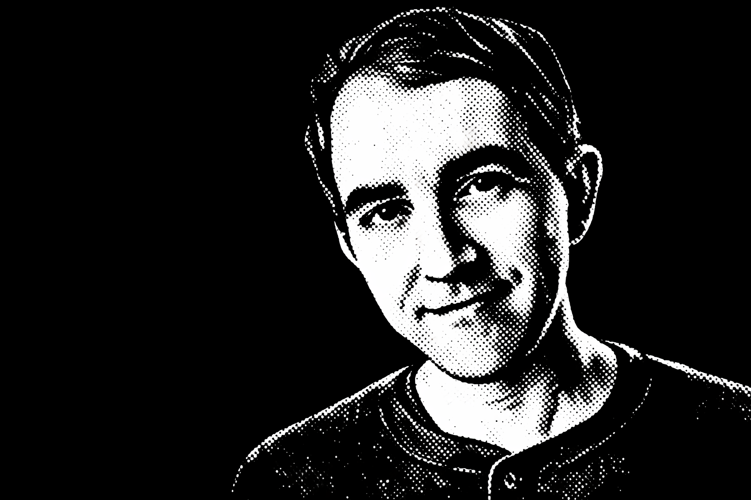 A black and white halftone portrait of a smiling woman with short hair, wearing a dark top, set against a black background.