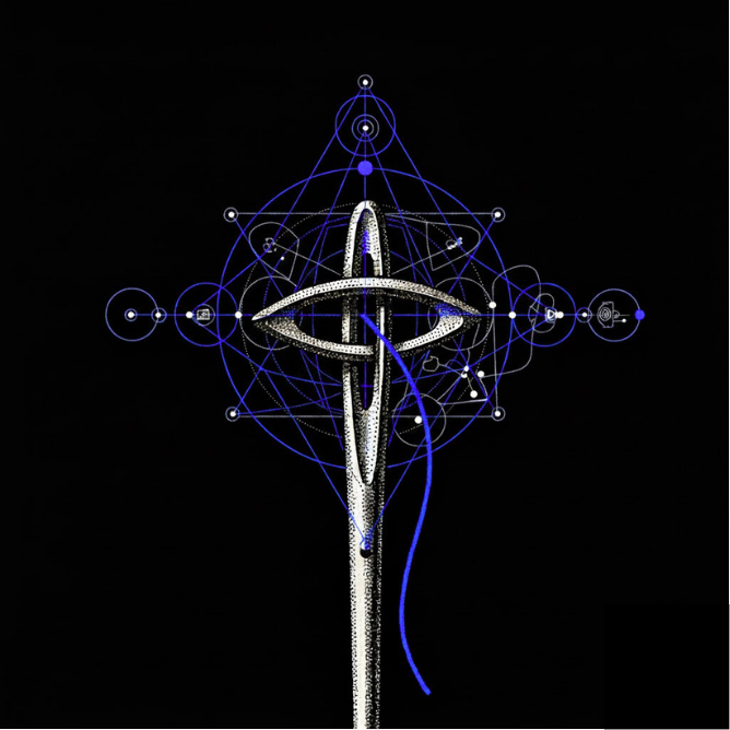 A digital illustration of a glowing cross with geometric patterns, circles, and lines against a black background.