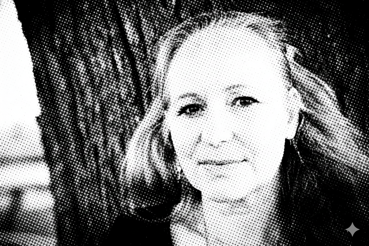 Black and white halftone portrait of a woman with long hair, smiling and holding a camera near her face.