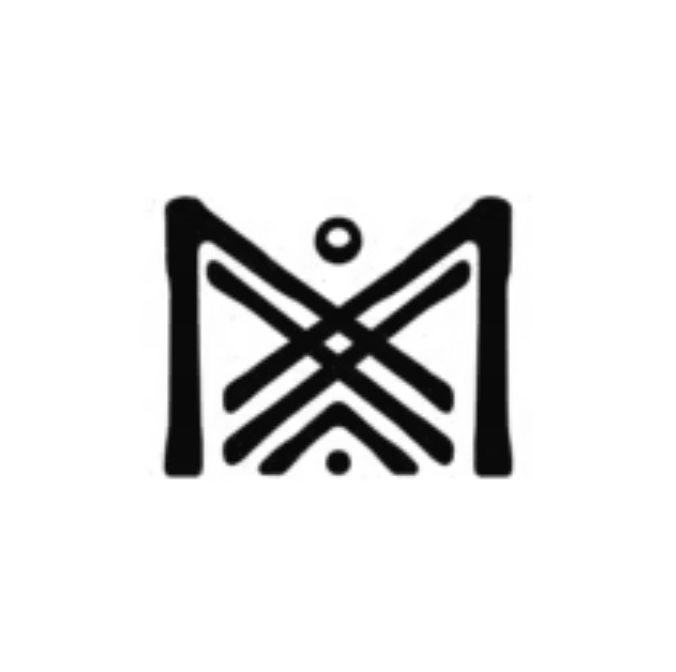 Black abstract geometric symbol with symmetrical lines and dots.