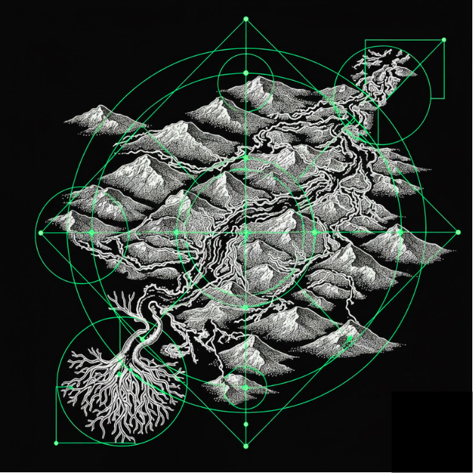 A detailed illustration of a mountainous landscape overlaid with green geometric lines and circles, resembling a technical or scientific diagram.