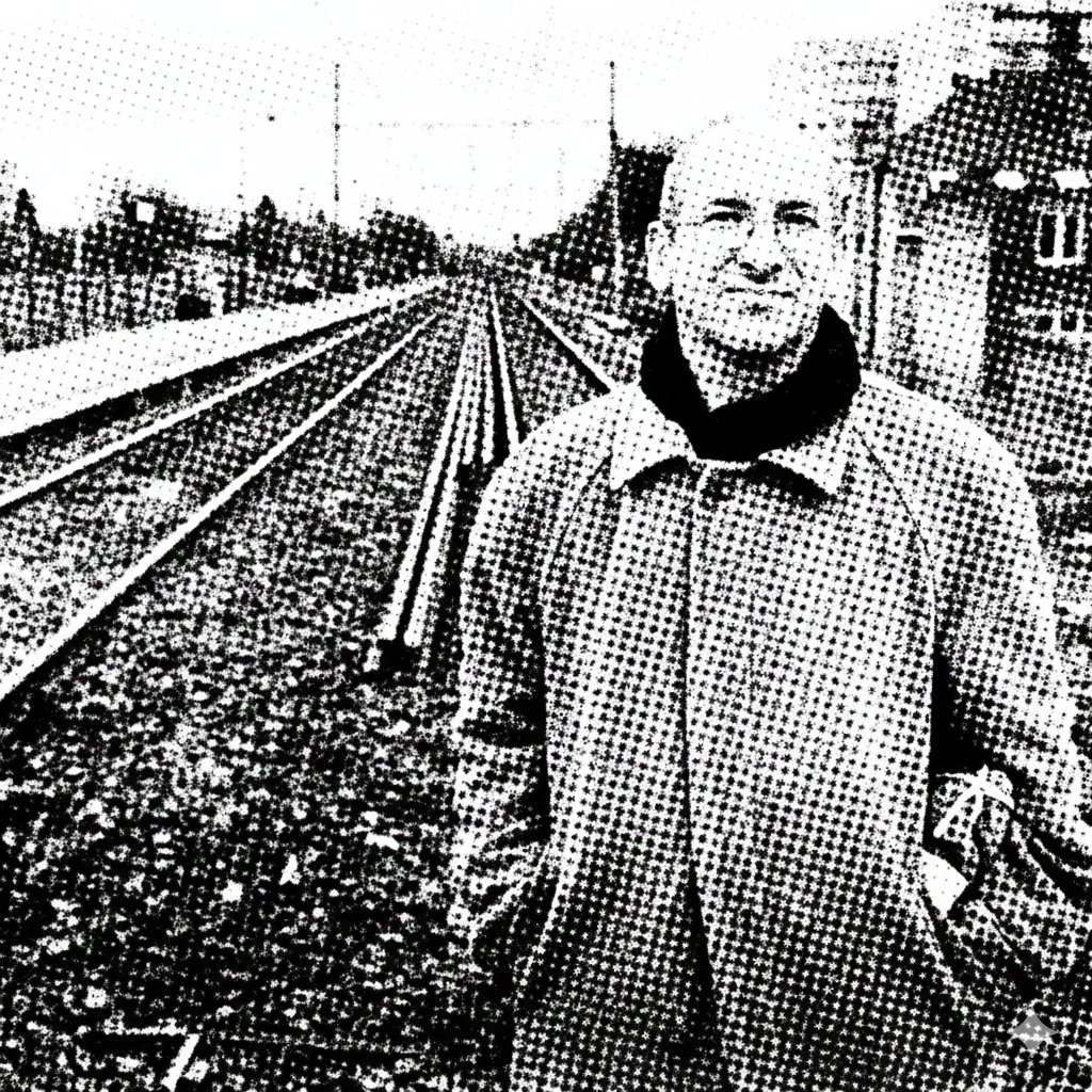 Black and white pixelated photo of a man standing on train tracks in a town, wearing a coat with a collared shirt underneath.