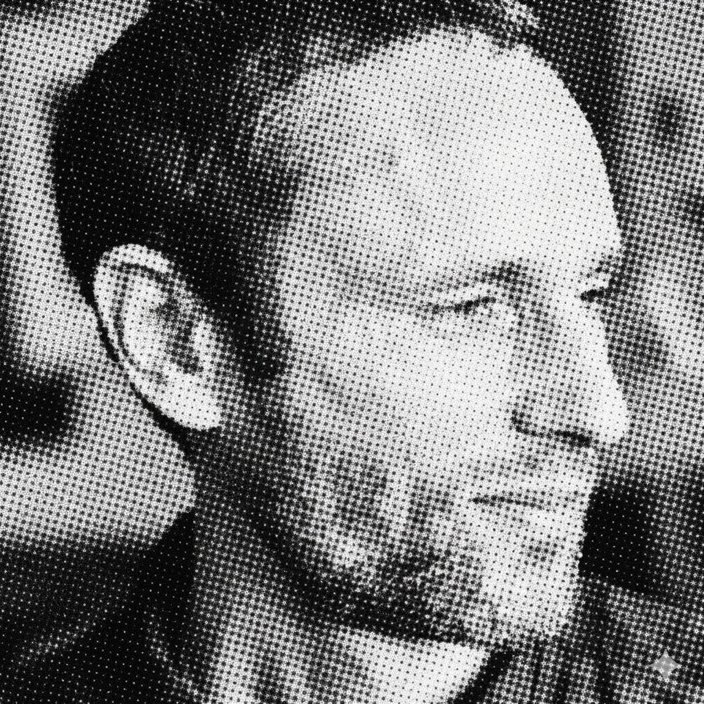 Black and white dotted style portrait of a man with a beard and mustache, facing to the right, with his eyes closed.