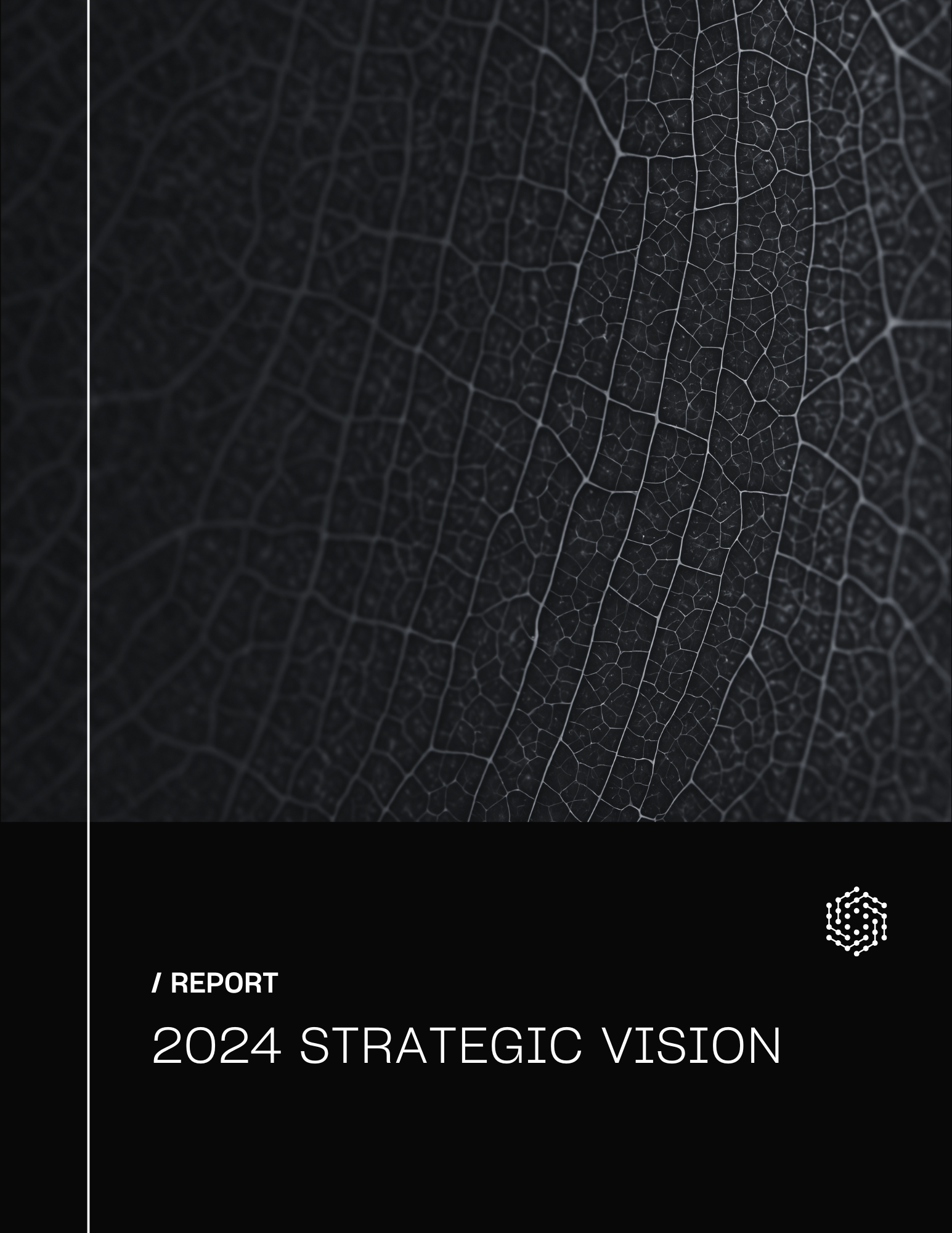 Cover page of a report titled '2024 Strategic Vision' with a dark, textured background resembling a close-up of a leaf's veins and a small logo in the upper right corner.