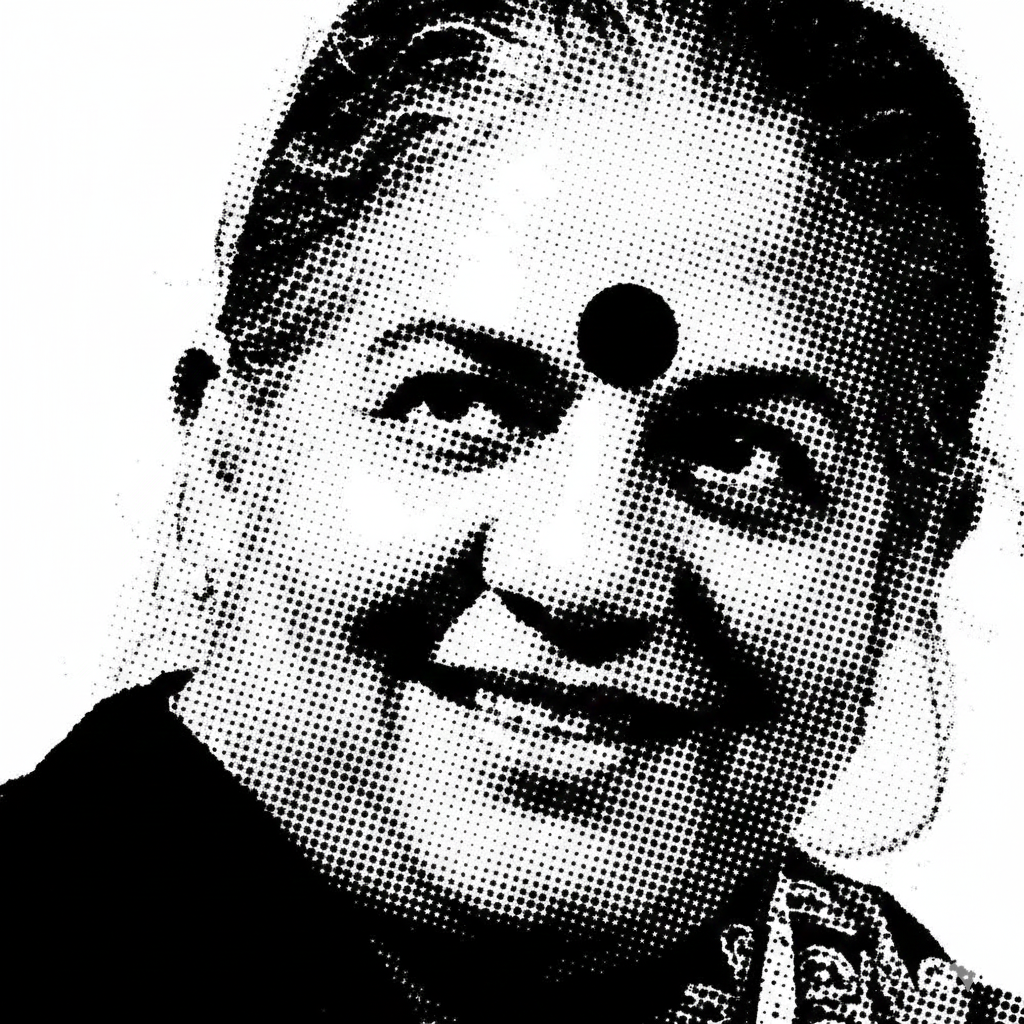 Black and white halftone portrait of a smiling woman with a black bindi on her forehead, wearing earrings and traditional attire.