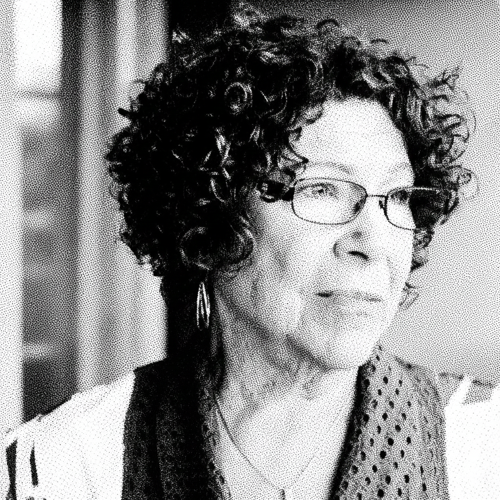 A black and white portrait of a woman with curly hair, glasses, and earrings, looking to the side.