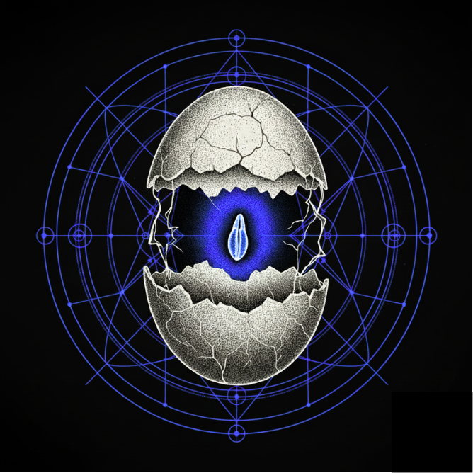 A cracked eggshell with a black seed inside, surrounded by blue geometric patterns and circles on a black background.