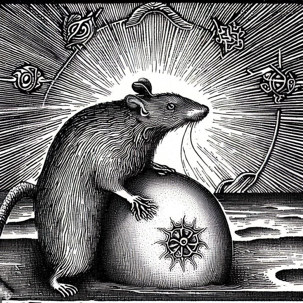 A black and white illustration of a rat standing on a spherical object with a star-like symbol on it. There are radiant lines emanating from behind the rat, with other star symbols surrounding the scene.