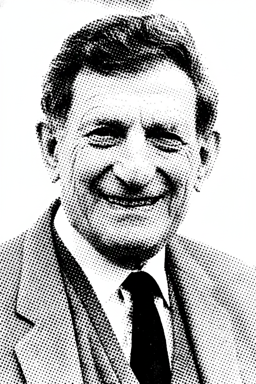 Black and white halftone portrait of a smiling man in a suit and tie.