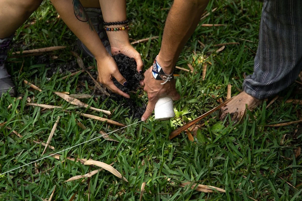 Two people planting a small tree or plant into the ground in a grassy area, using a flashlight or headlamp for illumination.