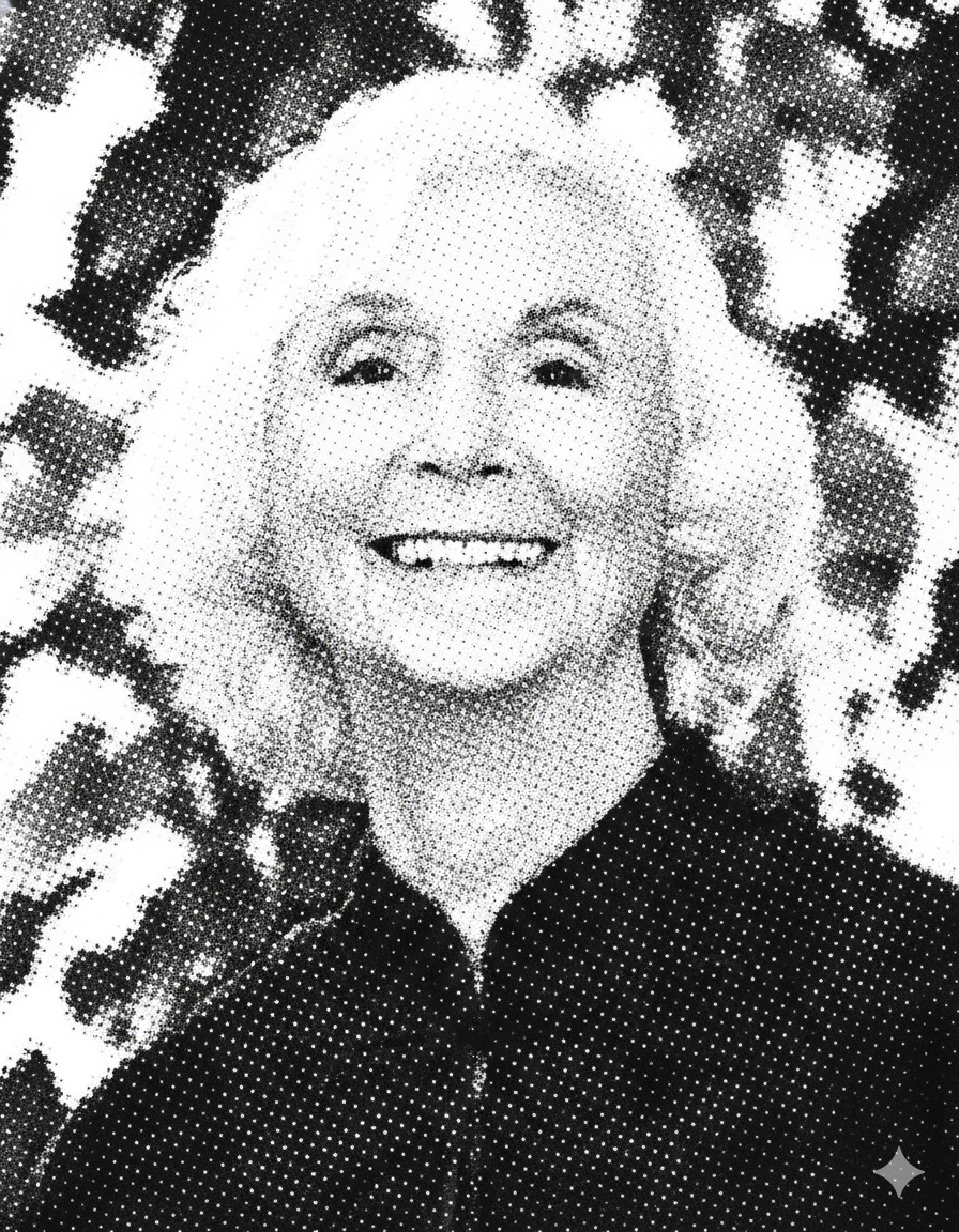 A portrait of an elderly woman with curly white hair, smiling widely, in a halftone black and white style.
