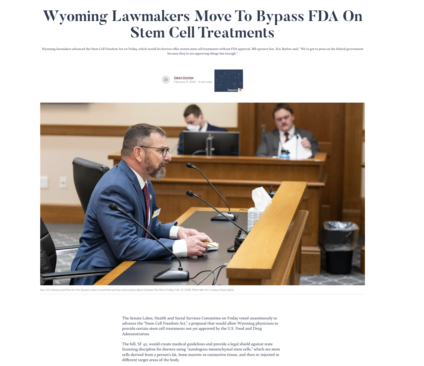 Cowboy State Daily: Wyoming Lawmakers Move To Bypass FDA On Stem Cell Treatments