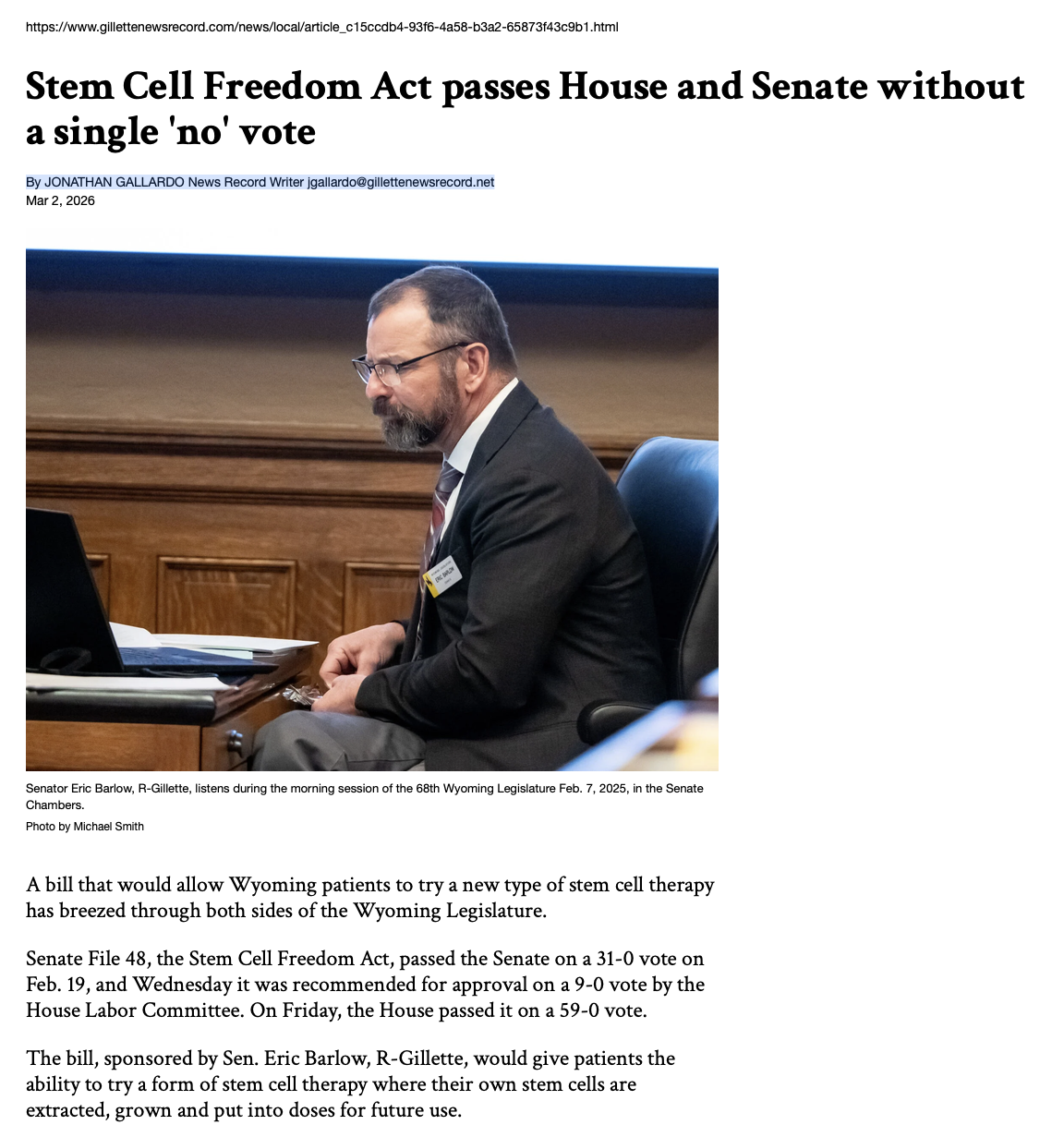 Gillette News Record: Stem Cell Freedom Act passes House and Senate without a single 'no' vote