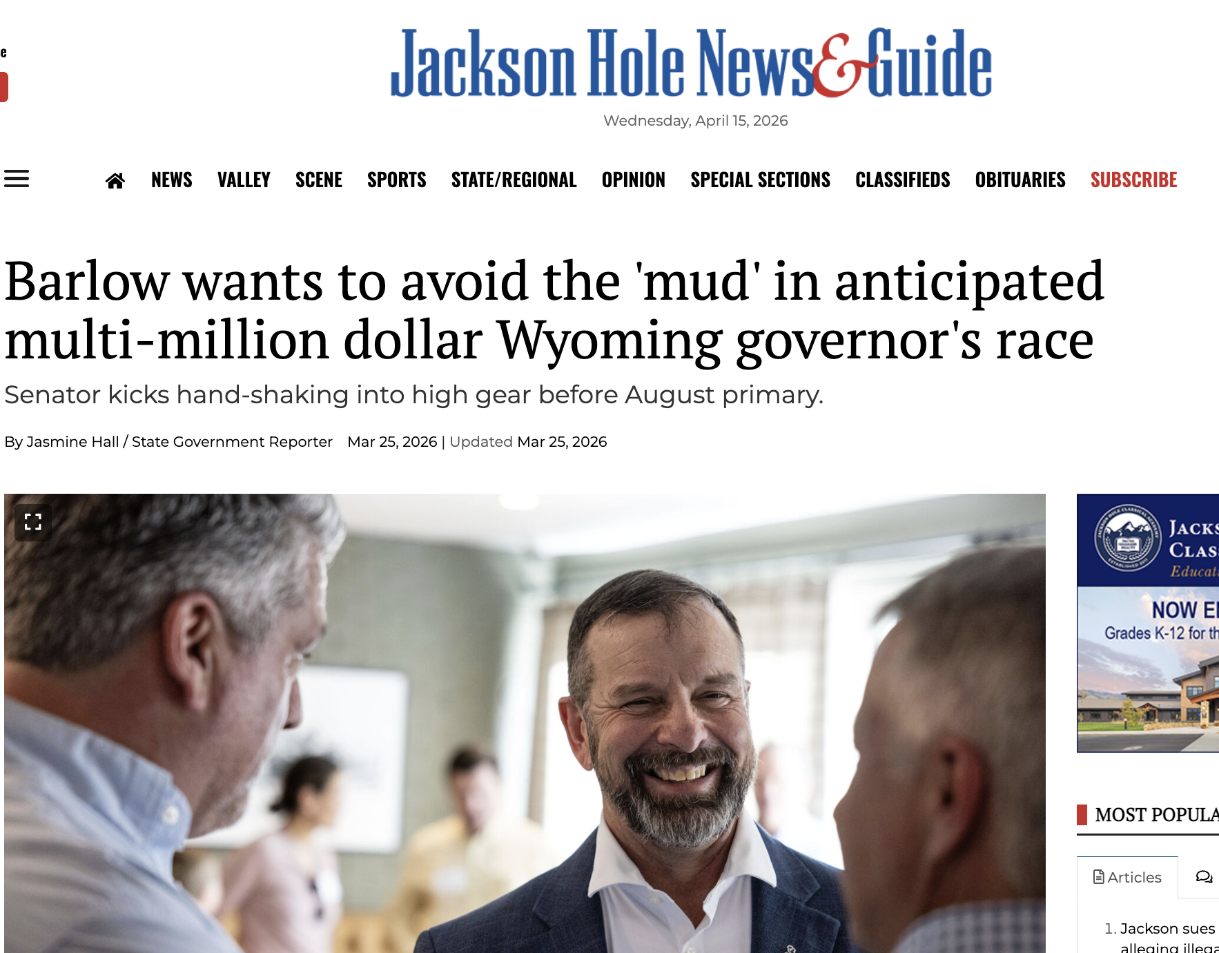 Jackson hole news and guide: Barlow wants to avoid the 'mud' in anticipated multi-million dollar Wyoming governor's race