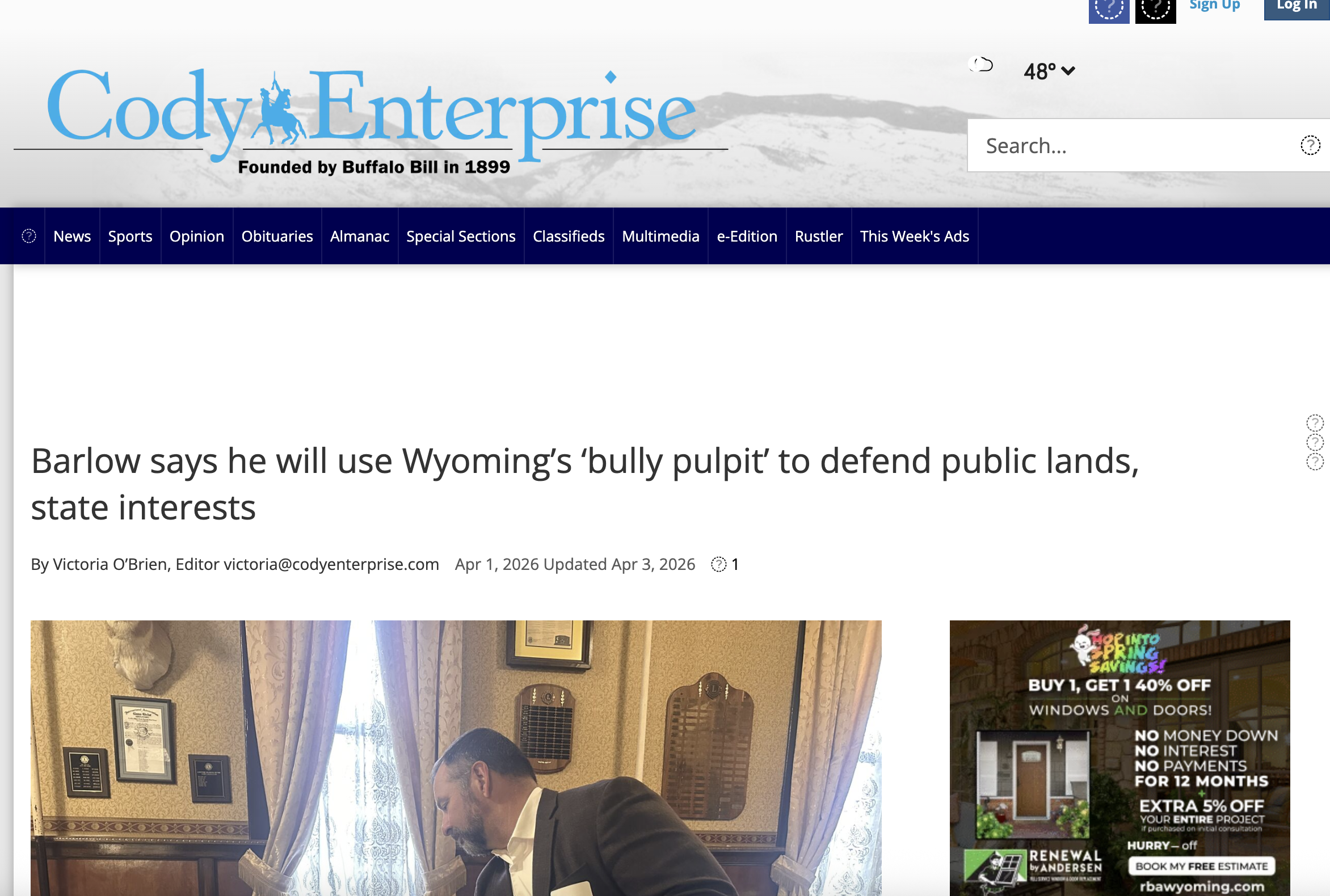 Cody Enterprise: Barlow says he will use Wyoming’s ‘bully pulpit’ to defend public lands, state interests
