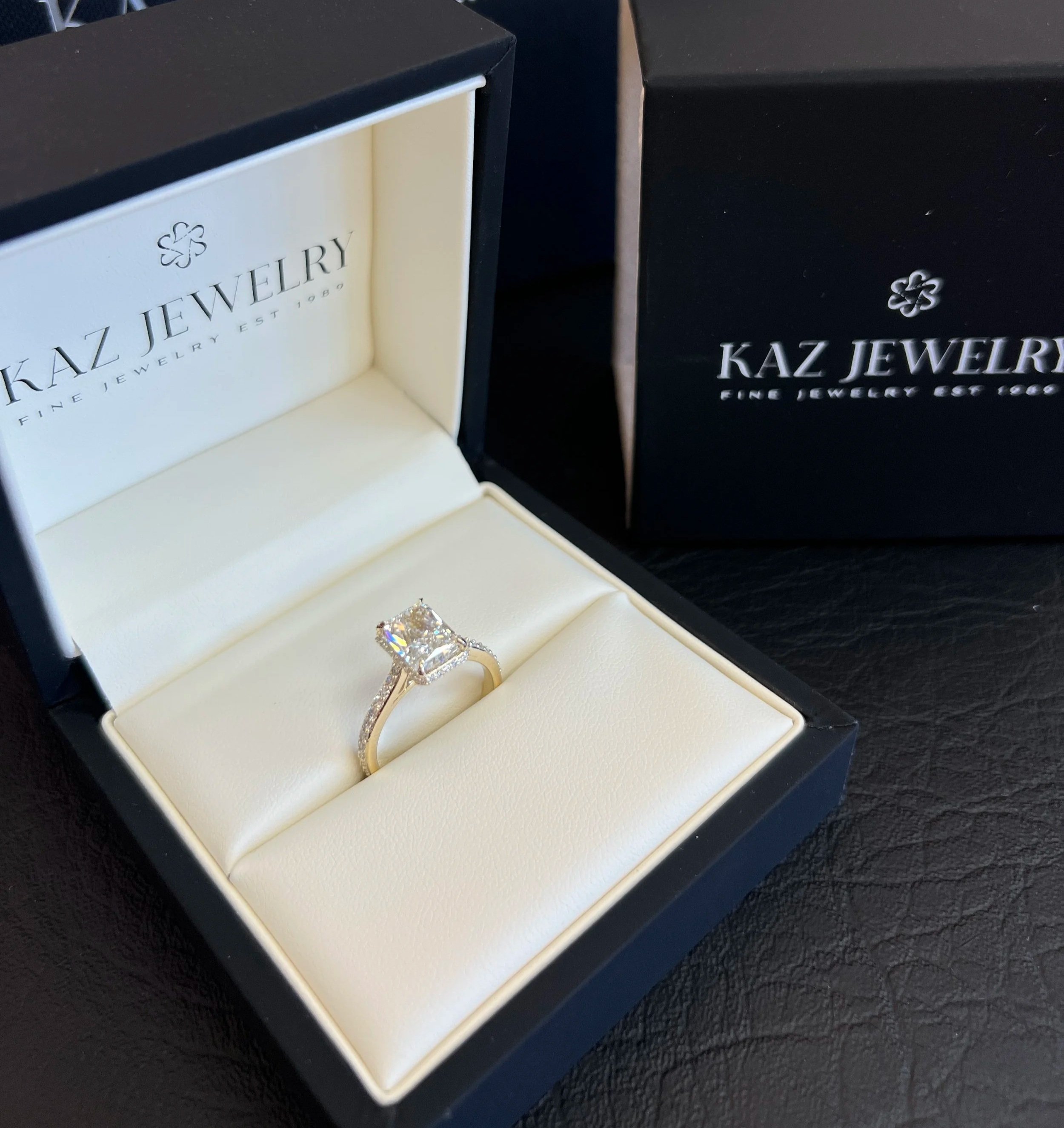 Certified lab-grown diamond engagement ring in Kaz Jewelry boxes, Laguna Niguel
