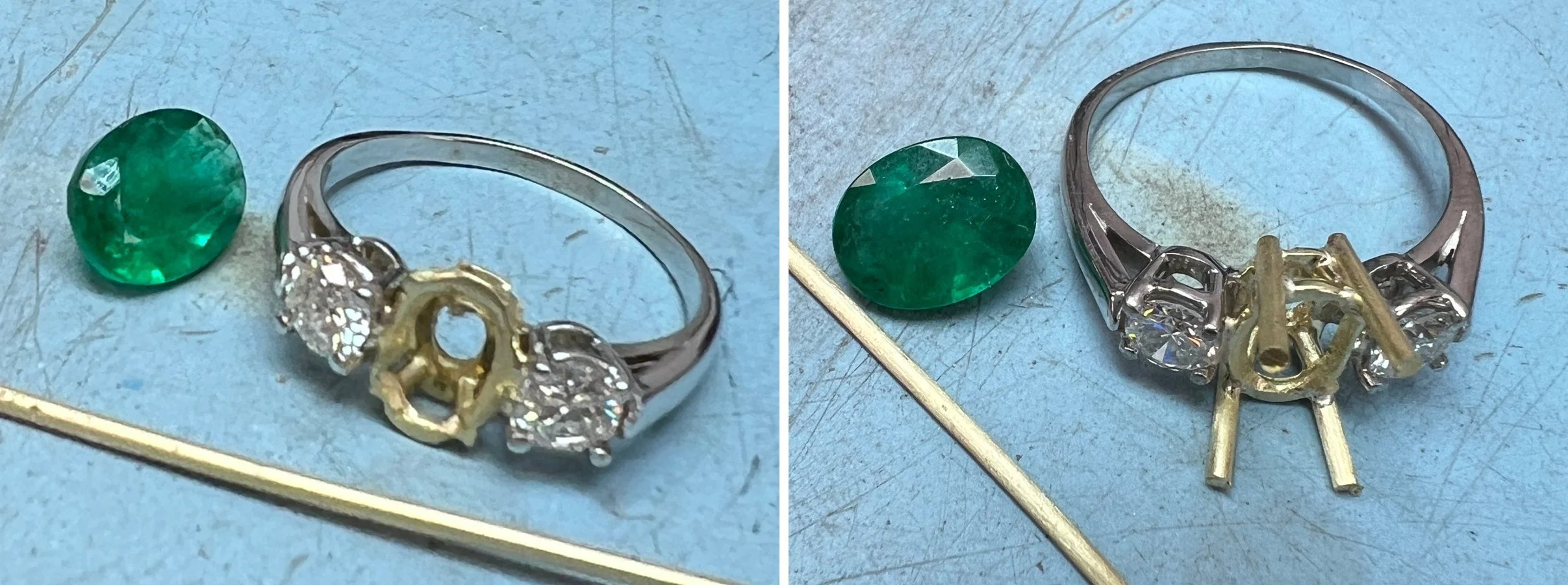 Three-stone emerald and diamond ring with the emerald removed while new gold prongs are rebuilt at the Kaz Jewelry bench