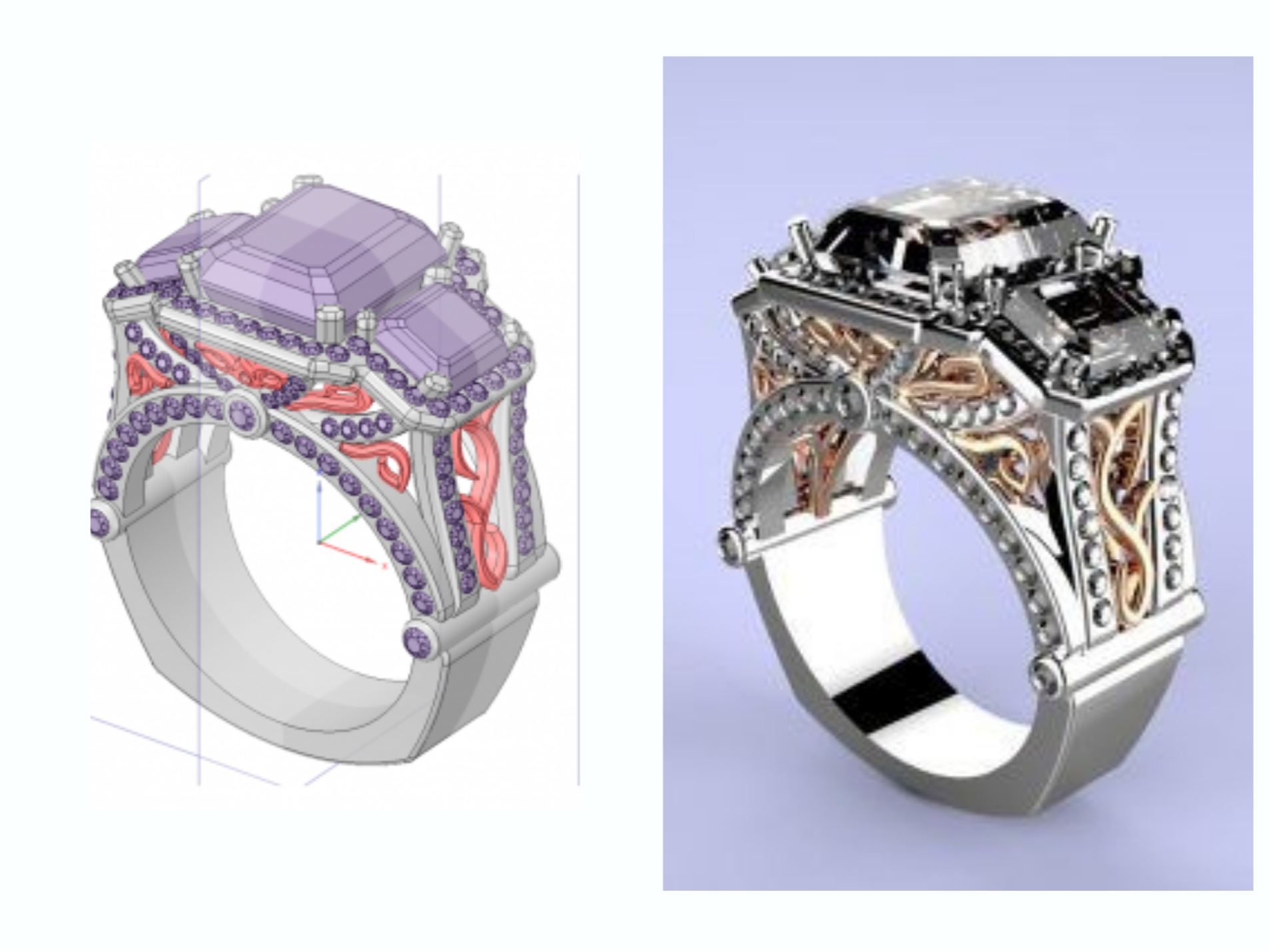 Comparison of two digital renderings and a photograph of a ring, showcasing the internal mechanical details and gemstone settings.