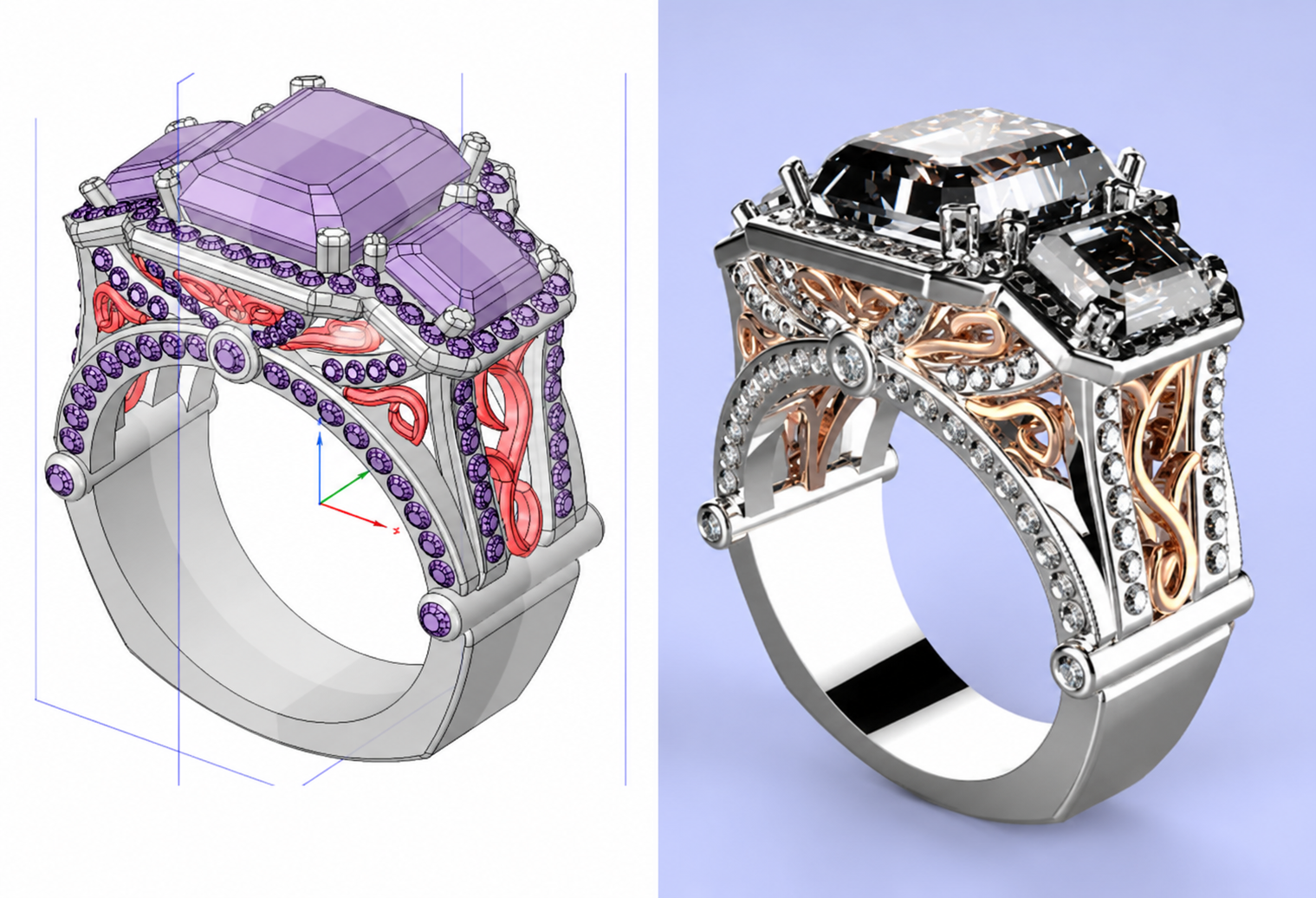Custom ring CAD rendering beside the finished gemstone and diamond ring by Kaz Jewelry.